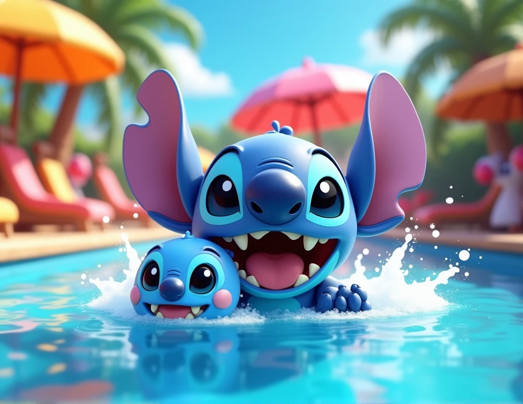 a vibrant cartoon illustration of a lively swimming pool party, stitch from disney franchise,1cute blue alien creature,swimming pool with inflatable toys,colorful tropical background,dynamic poses,whimsical atmosphere,playful expressions,high contrast colors,dynamic lighting,3d rendering,digital art,cinematic composition,masterpiece,best quality,8k,ultra-detailed,realistic,vivid colors,professional