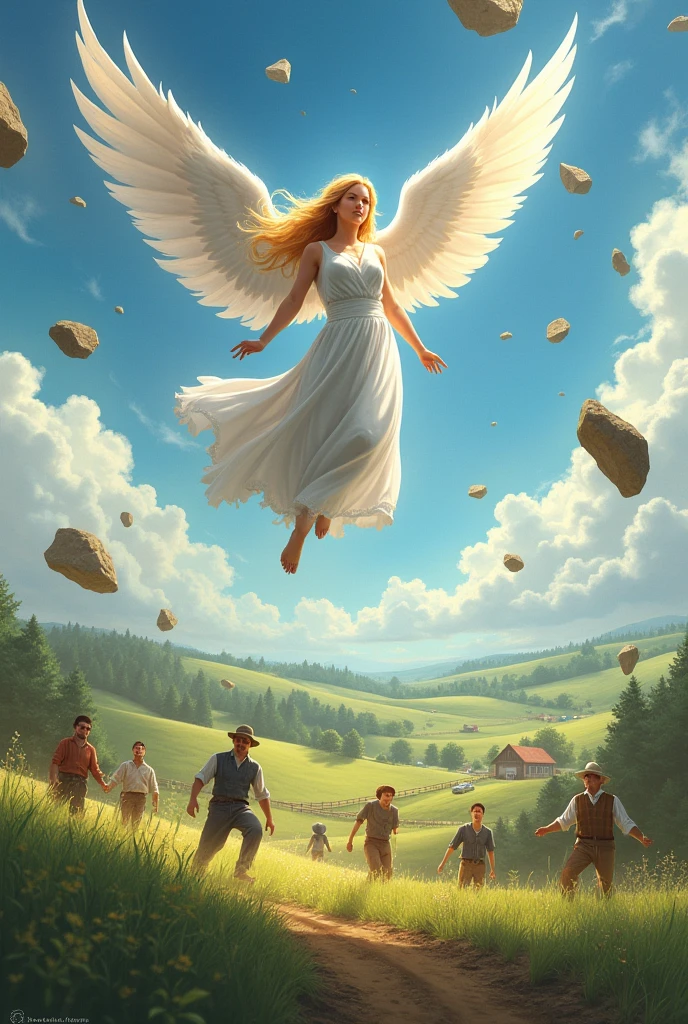Create a farm landscape, create an angel with white clothes,hair blonde, flying above the farm, falling rocks and also focus from the sky and the farmers screaming in fear 