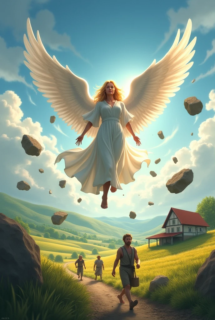 Create a farm landscape, create an angel with white clothes,hair blonde, flying above the farm, falling rocks and also focus from the sky and the farmers screaming in fear