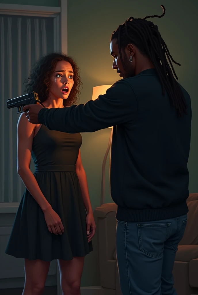 A beautiful black american girl, age 25, bright orange eyes, long brown curly hair, wearing a simple black dress, and a black american guy, age 25, dreadlock hairstyle, wearing a black sweater and jeans, angrily pointing a gun at her in the living room at night. She is looking terrified and shocked in tears