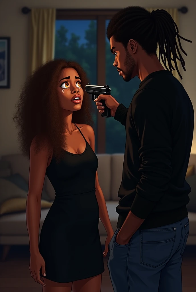 A beautiful black american girl, age 25, bright orange eyes, long brown curly hair, wearing a simple black dress, and a black american guy, age 25, dreadlock hairstyle, wearing a black sweater and jeans, angrily pointing a gun at her in the living room at night. She is looking terrified and shocked in tears