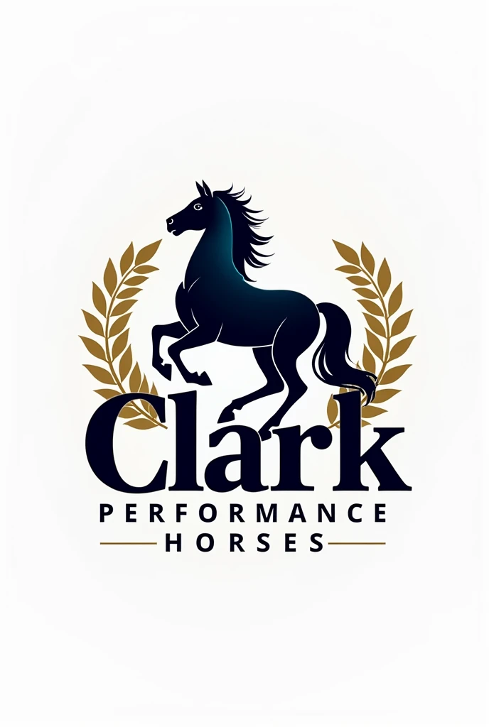 "Create a sophisticated and eye-catching logo for 'Clark Performance Horses'. The logo should feature a powerful, majestic silhouette or illustration of a horse in a confident stance or dynamic movement, such as dressage or show jumping. Integrate symbols of excellence, like a laurel wreath or ribbon, to emphasize the high standards of training. Use bold, modern typography for 'Clark Performance Horses,' with 'Clark' prominently featured. Choose a luxurious color palette, such as deep blues, blacks, and metallic golds or silvers. Ensure the design has no background, making it versatile for use on various platforms. The overall look should convey prestige, strength, and elegance."