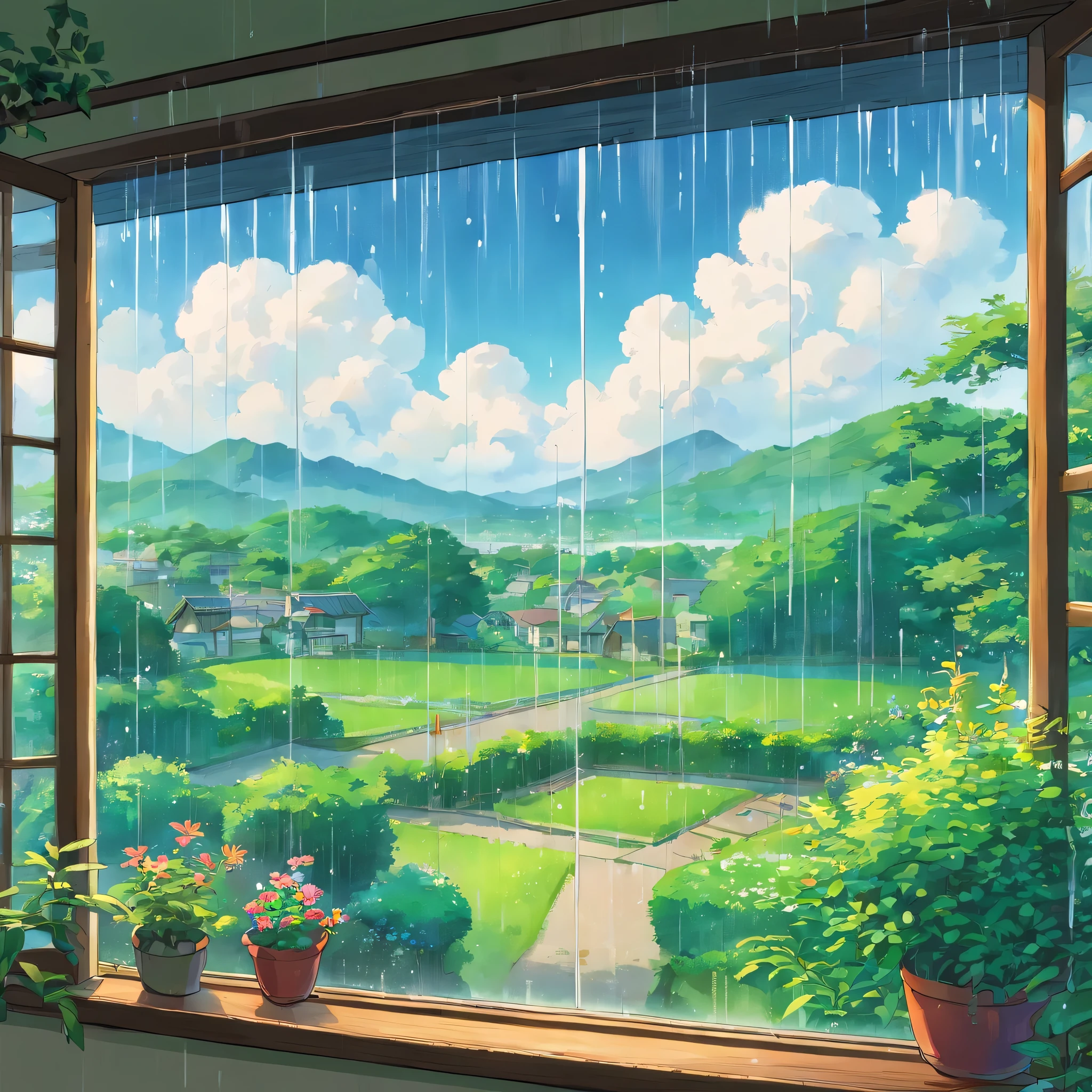 The view from the window glass、Glass with dripping water、in the rain、Cloudy、heavy rain、high resolution、Cloudy、Photorealistic Stick、Calm down、Japan townscape、Electric pole、A little bit of nature、Paved roads、Emotional、Countryside view、panorama、Wide angle、scenery、rain、garden、Public phone、post、ズームアウト✕2、garden、View through the glass