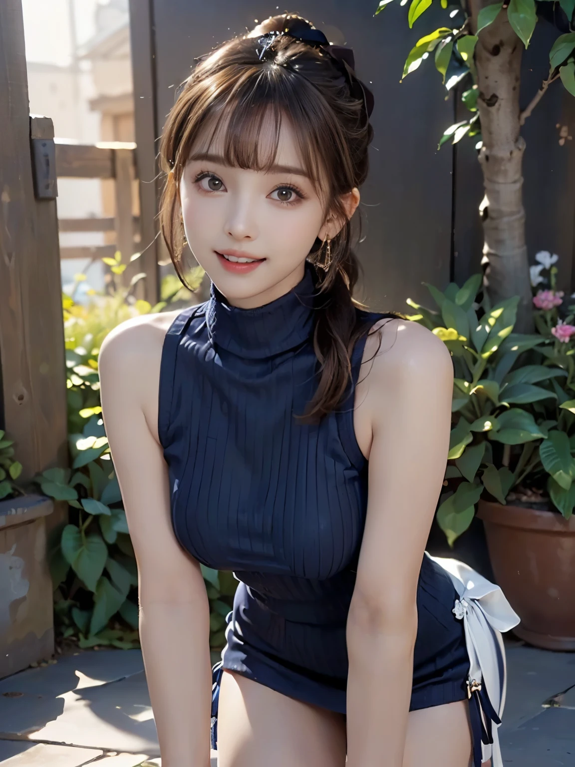 ((((Highest quality))))、(((Ultra-precision CG16K wallpaper)))、(((masterpiece)))、(((Super detailed)))、(((Extreme detail)))、((1Mature 2 woman:1.6))、((Very beautiful Japan face of a person))、((Urizane Face:1.8))、((Ponytail Medium Hair、blunt bangs:1.6))、(Shiny Hair)、Beautiful face depicted in detail、(Detailed eyes、Shining black eyes)、double eyelid、High nose、Small nostrils、Small Mouth、Seductive lips、Beautiful breasts、((B cup size breasts))、Beautiful feet、((Thin thighs))、eight-headed body、Perfect proportions、Perfect Anatomy、Perfect composition、Beautiful detailed shading、Beautiful, natural lighting、Beautiful detail glow、Depth of written boundary、(((High chroma)))、(((Real:1.9)))、((vivid:1.5))、((Beautiful Skin))、((Skin Texture))、((Realな皮膚感))、(((Cowboy Shot:1.6)))、(((front view、shoot from front、front low angle:1.6)))、(((Half-open mouth、smile:1.6)))、(((looking at camera:1.6)))、Bright daylight、Natural light、(((background_garden:1.5)))、(Standing Pose:1.6)、(((Navy blue sleeveless high neck ribbed knit mini dress:1.6)))、((Scrunchie Ribbon、Wearing earrings:1.5))、