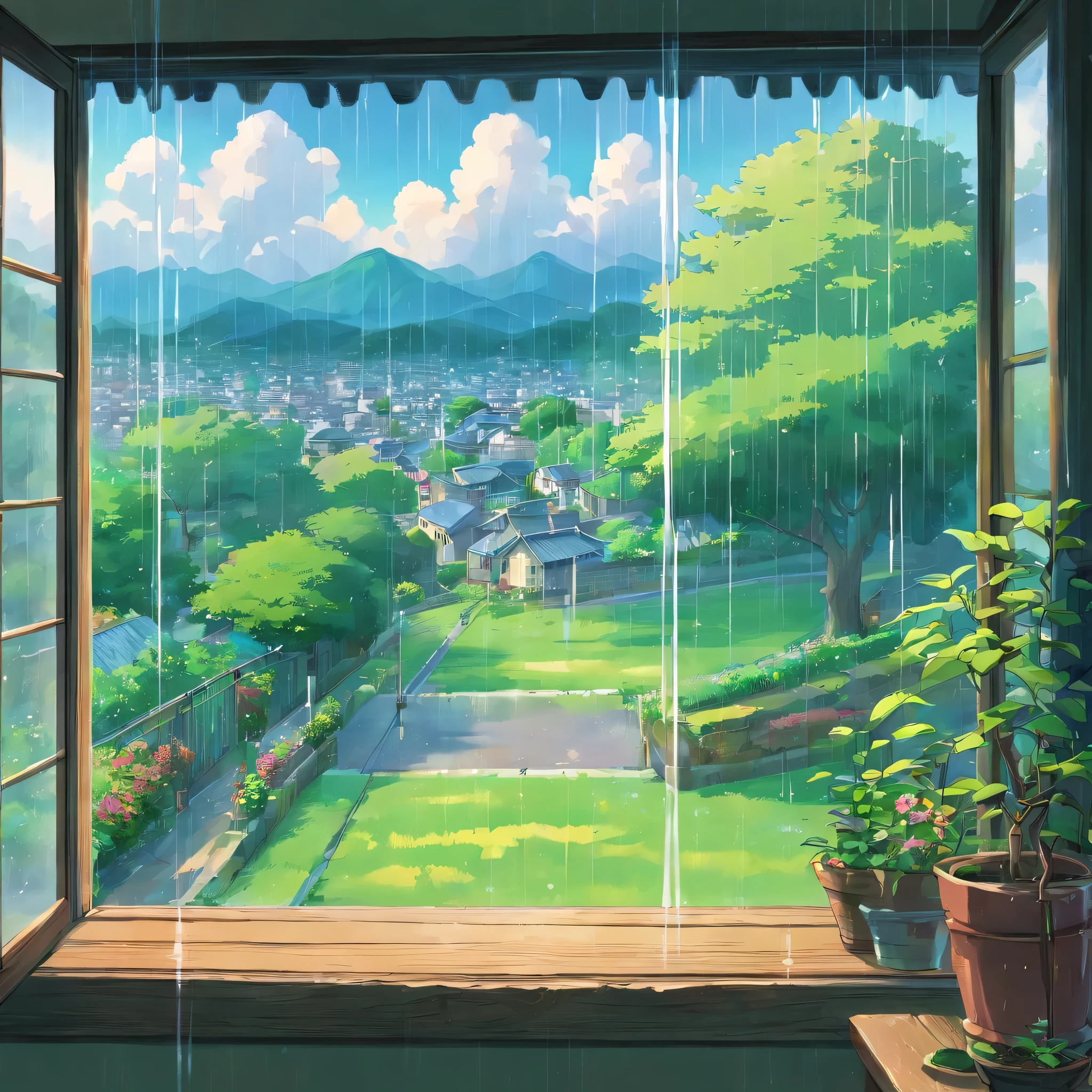 The view from the window glass、Glass with dripping water、in the rain、Cloudy、heavy rain、high resolution、Cloudy、Photorealistic Stick、Calm down、Japan townscape、Electric pole、A little bit of nature、Paved roads、Emotional、Countryside view、panorama、Wide angle、scenery、rain、garden、Public phone、post、ズームアウト✕2、garden、View through the glass