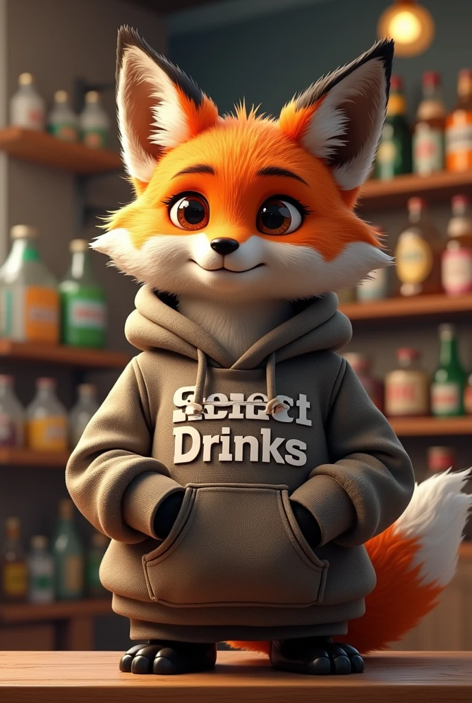 Select a fox mascot of a beverage warehouse dressed in a sweatshirt with the words select drinks written on the sweatshirt


