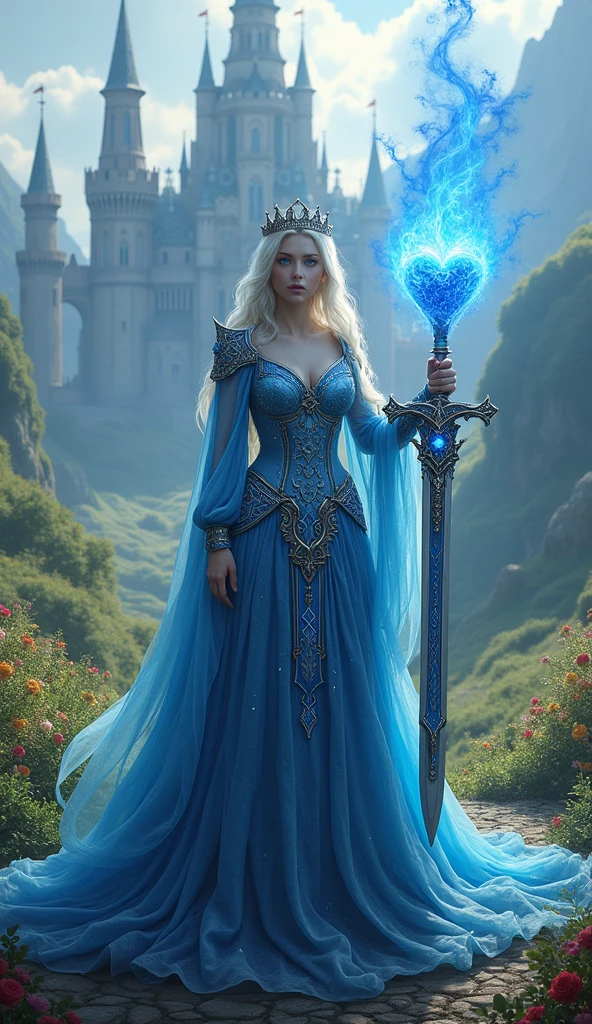 Imagine a majestic queen with blue eyes. It stands against the backdrop of a magnificent kingdom with a castle and towers., surrounded by green hills and blooming gardens. In one hand, the queen holds a sword with exquisite blue patterns., sparkling on the blade. And in her other hand she holds a heart., from which a blue flame emanates, symbolizing strength and courage.