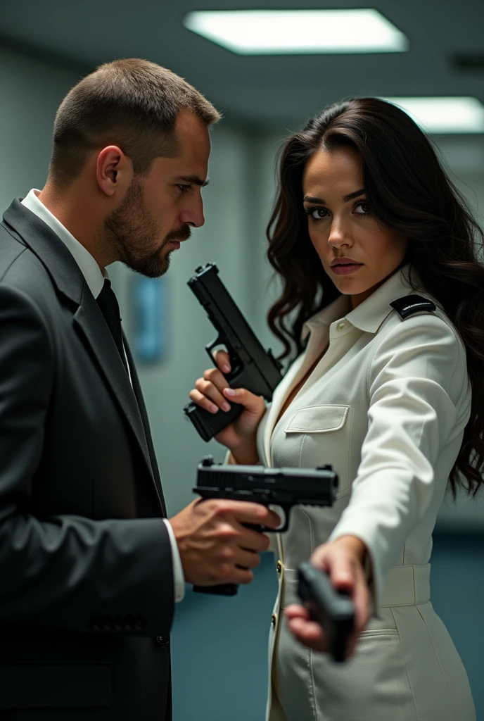 THE SAME MAN WITH A GUN IN HAND AND NEXT TO HIM A WOMAN IN A WHITE UNIFORM WITH BLACK HAIR LOOKING LIKE MEGAN FOX, SHE ALSO HAS A GUN IN HER HAND
