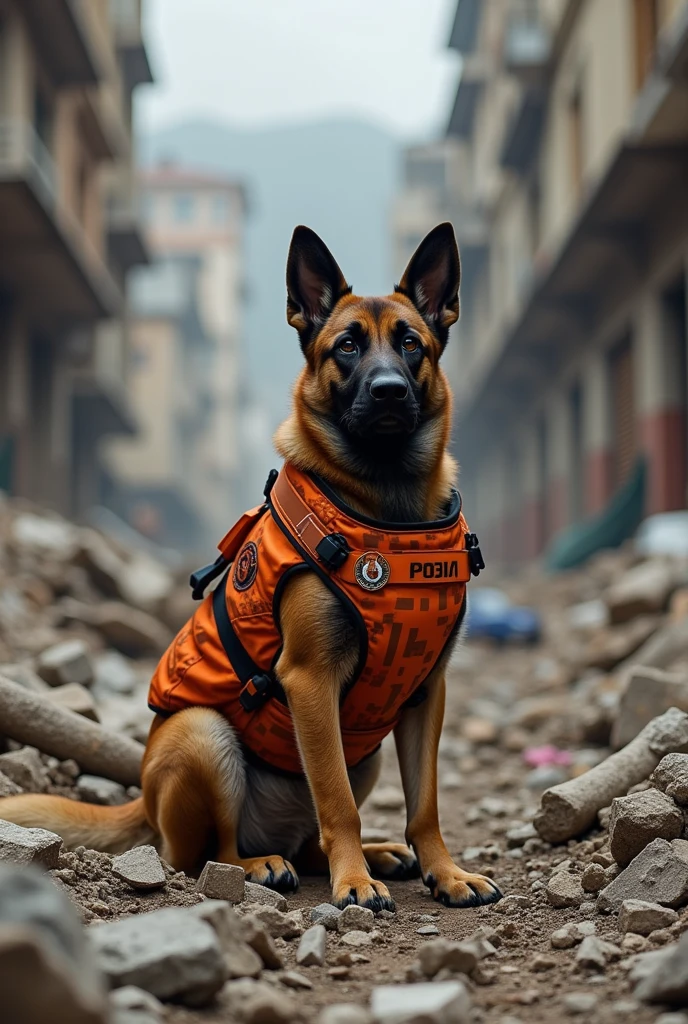 A Belgian Malinois Shepherd Dog, wearing a military uniform vest from the fire department of the state of Rio de Janeiro, the uniform is orange with pixelated brown camouflage throughout the uniform, This dog is sitting in the middle of the rubble of a building collapse, the dog acts in the search for people