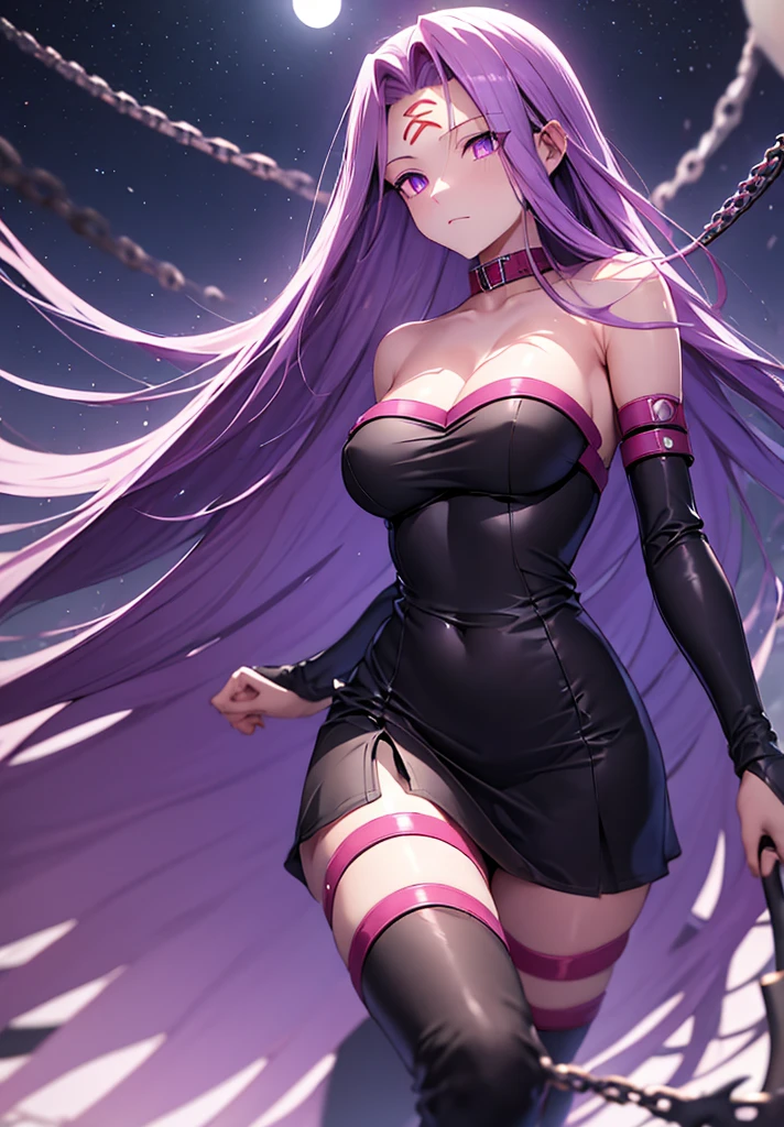 score_9, score_8_up, score_7_up, source_anime, medusarider, medusa rider, long hair, very long hair, purple hair, facial mark, forehead mark, thighhighs, dress, cleavage, bare shoulders, detached sleeves, black dress, collar, strapless, strapless dress, blindfold, outdoors, night, night sky, moon, clouds, looking at viewer, cowboy shot, dutch angle, fighting stance, weapon, chain, knife,