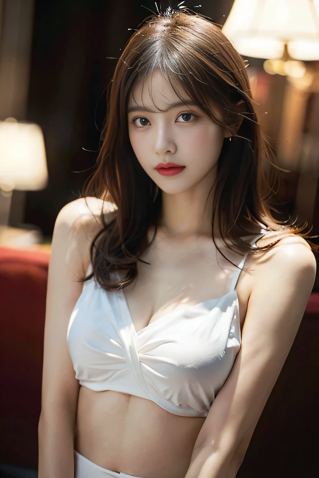 ((best quality)), ((masterpiece)), (detailed), perfect face, 20yo korean girl, white tanktop,cleavage chest, sexy pose,white panties,roses garden,full body, sitting, showing one armpit,big breast