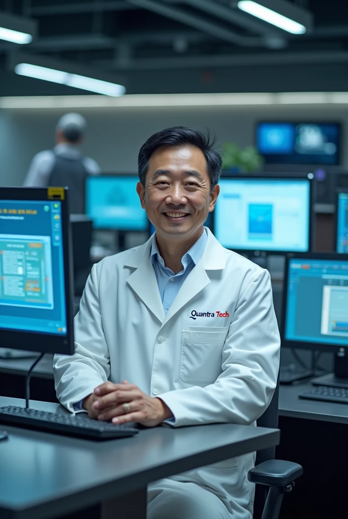 A white-collar Japanese scientist. 40 to 50 years old. Very clean face. White lab coat. He has a certain poise. The name of the company is written on his apron. There are technological computers in the background. The name of the company is ‘QUANTRA TECH’