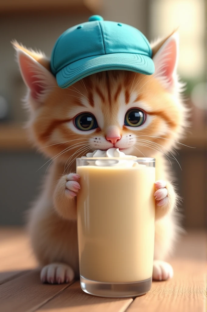 A cute realistic kitten wearing a blue cap drinking a milkshake