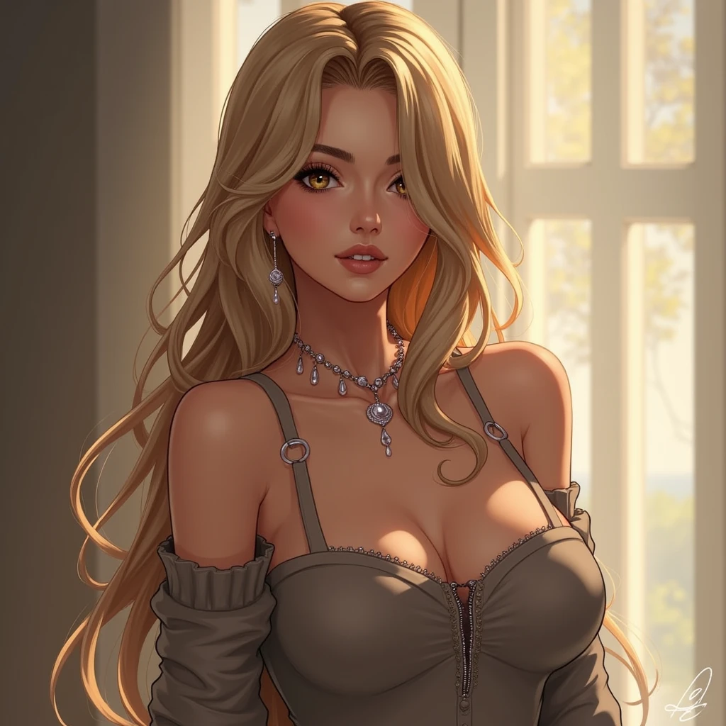 1girl in, 25, Solo, Long hair, Colossal tits, Looking at Viewer, blondehair, Bare shoulders, Brown eyes, jewely, Full body, a necklace, off shoulders, Sweaters, Realistic, A sexy
