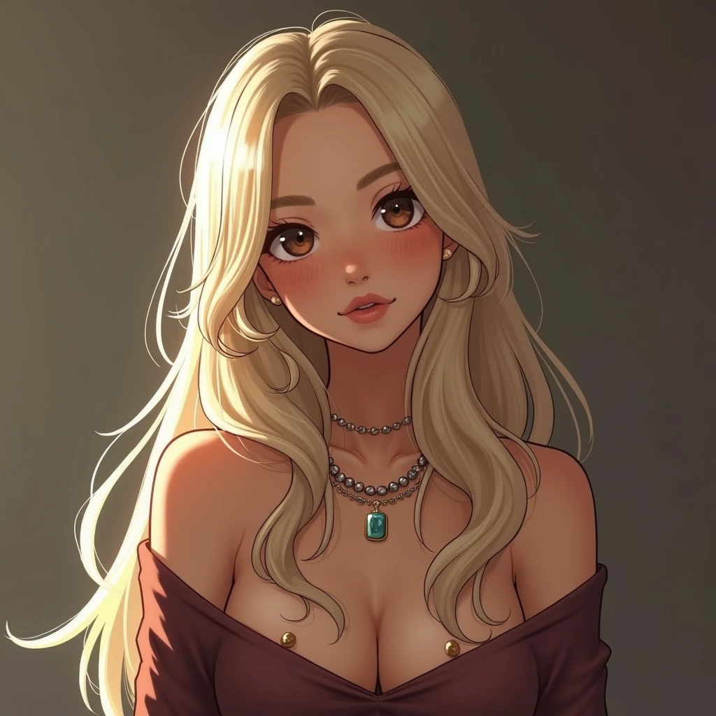 1girl in, age25, Solo, Long hair, Colossal tits, Looking at Viewer, blondehair, Bare shoulders, Brown eyes, jewely, Full body, a necklace, off shoulders, Sweaters, Realistic, A sexy