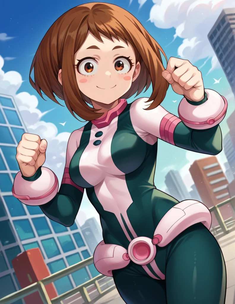 score_9, score_8_up, score_7_up, source_anime,
ochakouraraka, ochako uraraka, brown eyes, brown hair, short hair, blush, blush stickers, smile,
bodysuit, skin tight, superhero,
outdoors, cityscape,
looking at viewer, cowboy shot, dutch angle, dynamic pose,