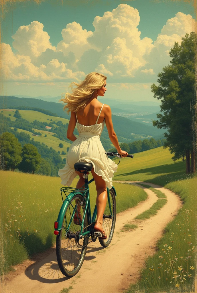 A blonde woman in profile on a bicycle in the countryside on an old 45 rpm record cover with a horizontal green stripe at the top of the cover 