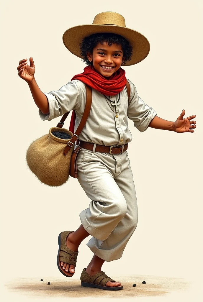 Drawing of a male child in a typical white raw cloth suit and white pants and jute sandals and a small bag of charcoal from El Salvador dancing and a hat and a small bag of charcoal and a scapular and a red scarf around his neck 