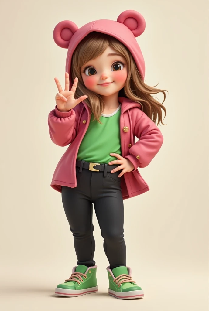 with long brown blond hair wearing green clothes making a cute pose with one hand on the waist and the other making a v wearing black pants pink coat and a hat with bear ears