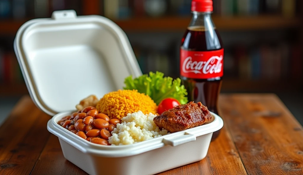 create an image of Brazilian homemade food, rice, beans, salad and meat in a round white Styrofoam thermal lunch box, next to a 250ml plastic bottle of Coca-Cola also highlighted in the image. use professional photos of food commercials as reference and framing for ifood.
