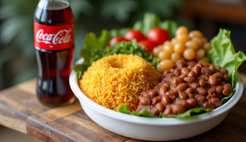 create an image of Brazilian homemade food, rice, beans, salad and meat in a round white Styrofoam thermal lunch box, next to a 250ml plastic bottle of Coca-Cola also highlighted in the image. use professional photos of food commercials as reference and framing for ifood.