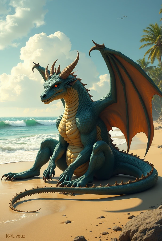 Dragon, brawny, big penis lying on the sand