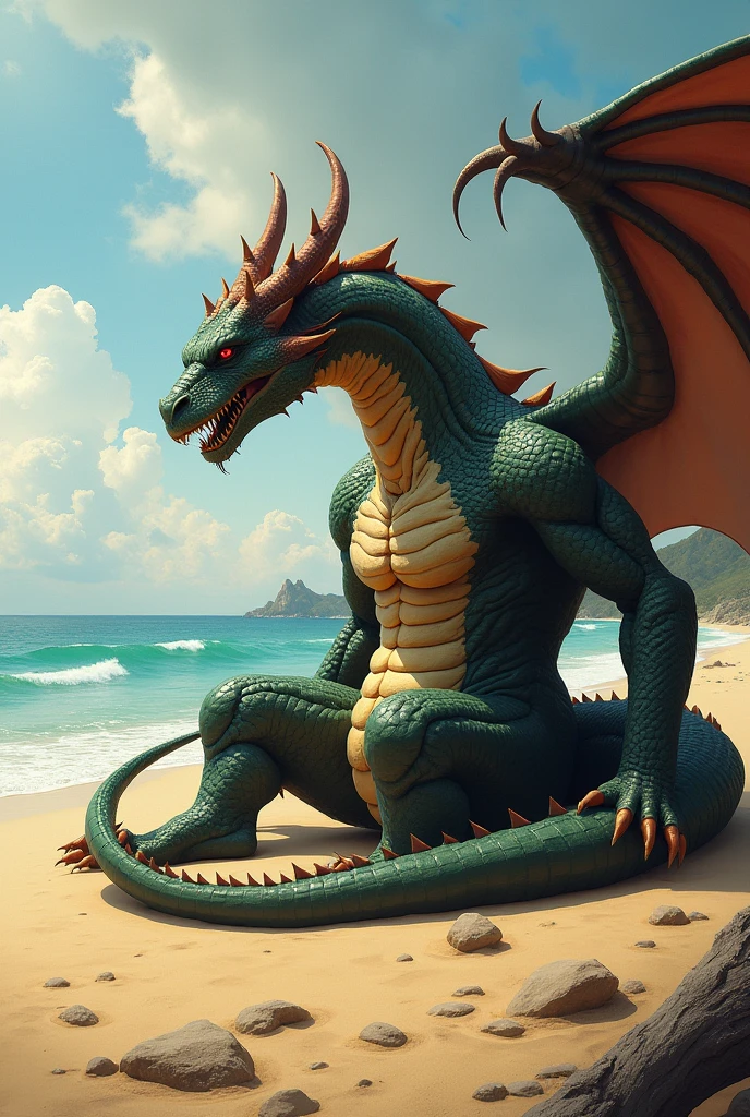 Dragon, brawny, big penis lying on the sand 