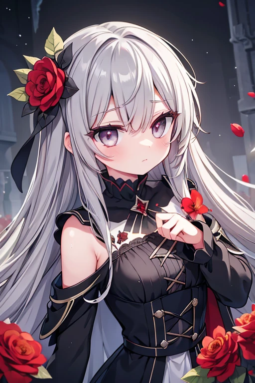 One person,alone,One person,alone,((Beautiful attention to detail)), (Detailed light),Depth of written boundary,(Gray Hair),Silver Eyes,Hair on one eye,(Red flower ), Hair Flower,Long Hair,Black Cape,Wet,Emotionless,Recall,night,Starfall,it's raining,fog,Red flowers falling,sketch,Upper Body,Strong Shadows,