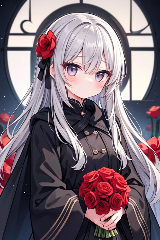One person,alone,One person,alone,((Beautiful attention to detail)), (Detailed light),Depth of written boundary,(Gray Hair),Silver Eyes,Hair on one eye,(Red flower ), Hair Flower,Long Hair,Black Cape,Wet,Emotionless,Recall,night,Starfall,it's raining,fog,Red flowers falling,sketch,Upper Body,Strong Shadows,