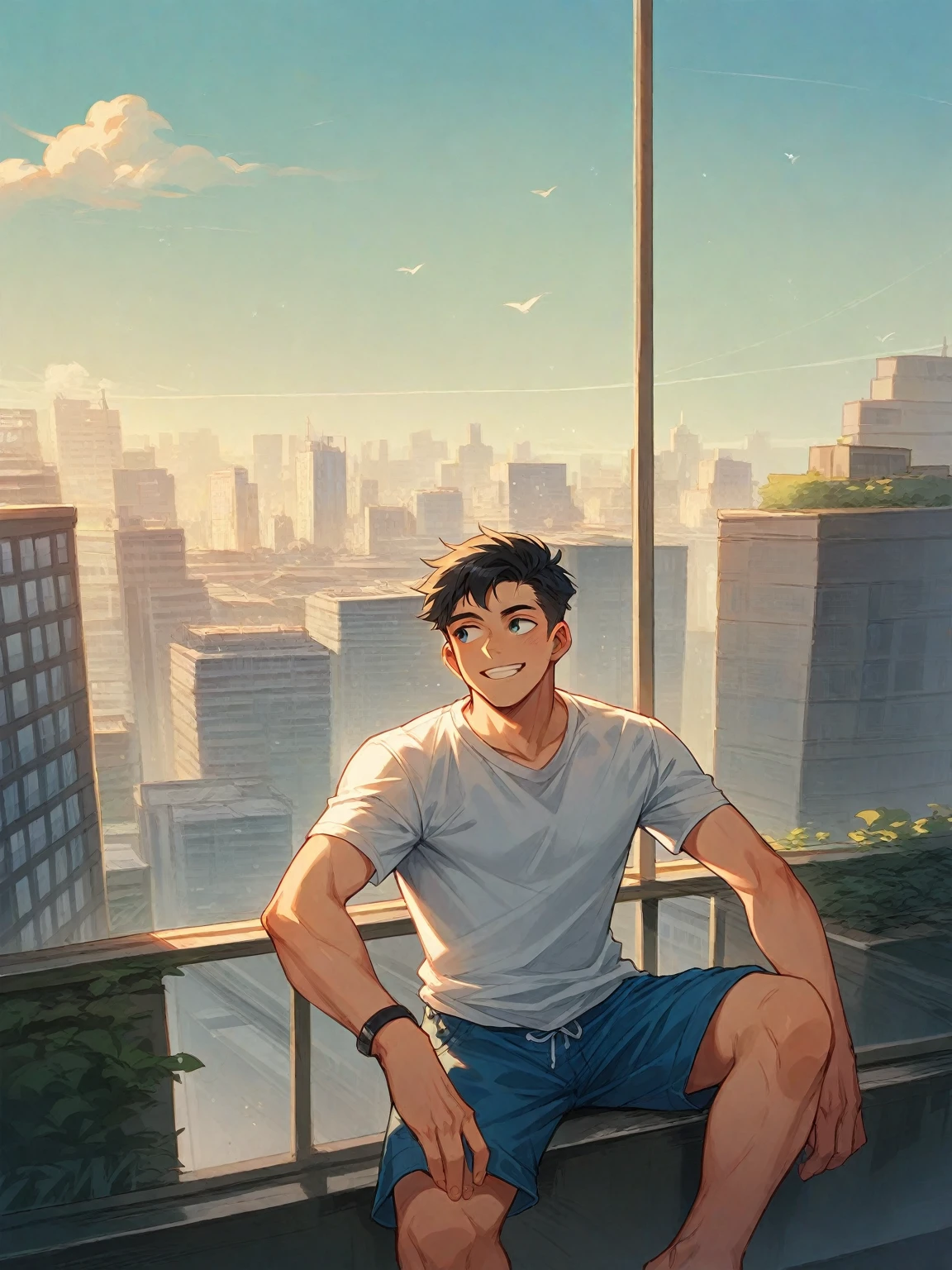 1 white male with black hair, white t-shirt and blue shorts sitting on a glass ledge overlooking a city, looking ahead, smiling.