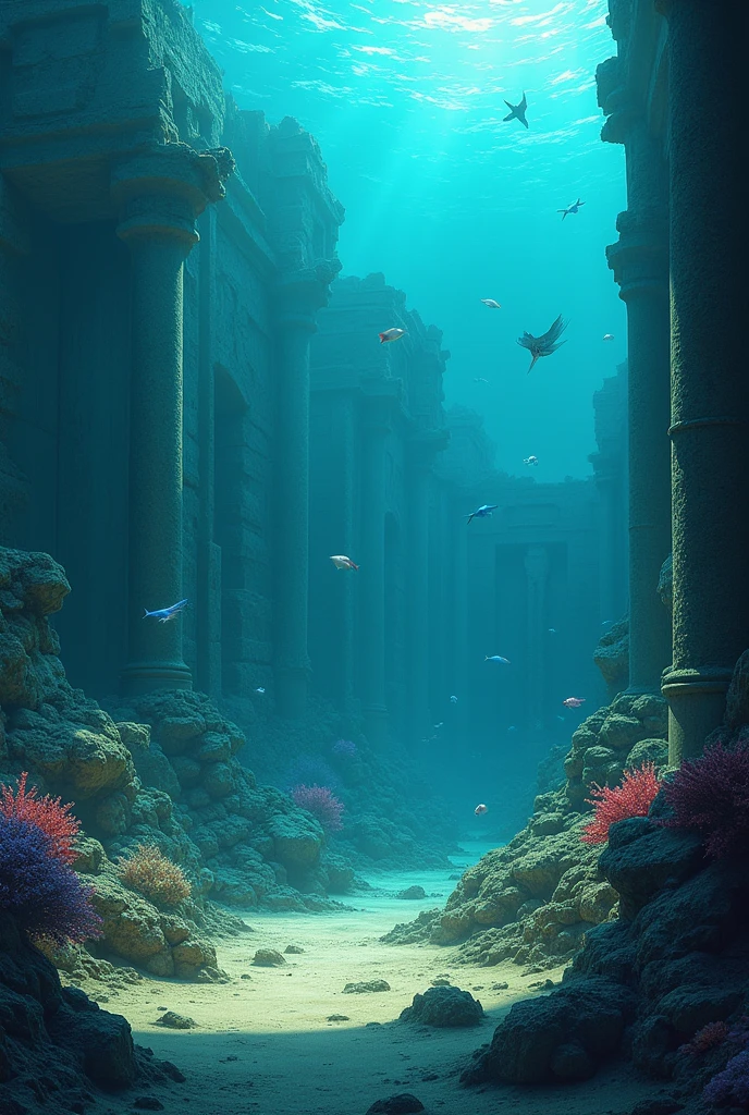 An underwater view of the remains of the city of Atlantis, now covered with corals, of algae and inhabited by sea creatures. Broken statues, collapsed columns, and partially intact buildings emerge from the sand, bathed in a mysterious light filtered by the water.