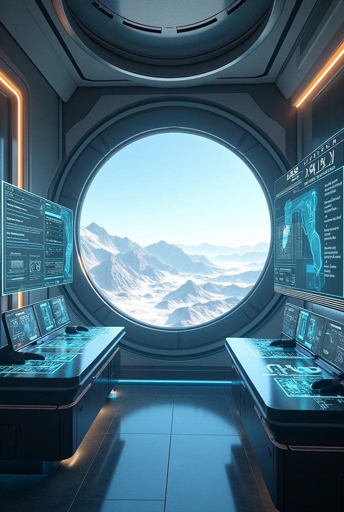 Make a background inside a spaceship with hologram controls showing the ground