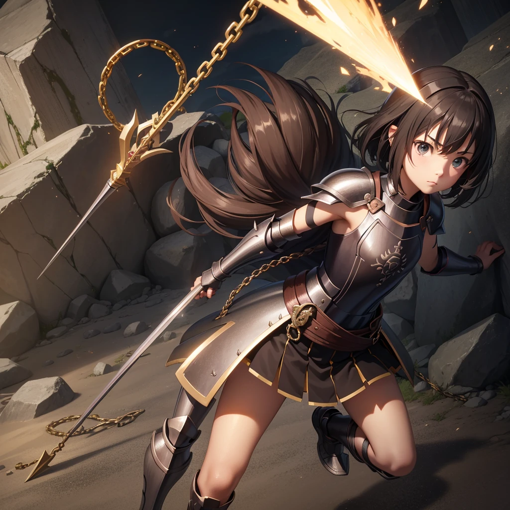 最high quality、high quality、Simple Cloth Armor、10Year-old girl adventurer、Equipped with a weapon that has a short chain at the end of a stick and a spiked iron ball at the end of the chain、In a dark maze、Bronze armor