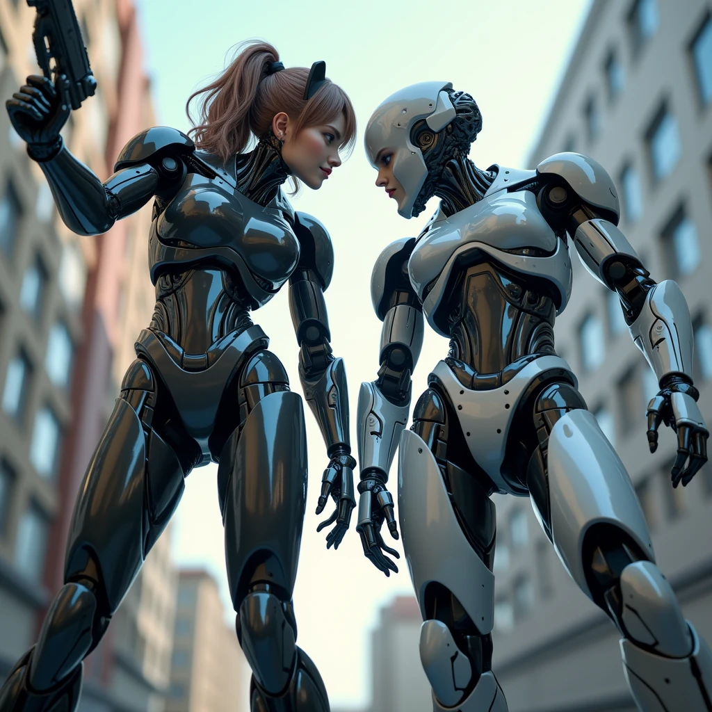 ((美少女戦闘サイボーグとPartnerの巨大なヒグマのサイボーグ))、Two cyborgs、(Partner)、Angle from below、(Perfect Anatomy:1.4)、Watching the audience、A futuristic cityscape turned into a battlefield against an army of enemy robots、The girl has a beautiful face and beautiful eyes.、A confident smile、(Super hourglass body type:1.2)、(Gravity-defying huge breasts:1.6)、Narrow waist、(Wide super big ass:1.3)、Super sexy combat suit for girls、(Partnerのヒグマのサイボーグは野生の力と科学の力が融合した強力な戦士)、Brown bears have been modified to have powerful steel claws.、(Two cyborgsの複雑な改造パーツを詳細に描写)、((Big and powerful gun))、(Hold the gun correctly and get into fighting position)、Correct fingers、(Two cyborgsのアクロバティックな戦闘アクションポーズ)、(inflammation)、(light)、Sci-fi movie fight scenes、Ultra-Details、(Realistic、photoRealistic、photo-Realistic:1.37)、(Raw photo、masterpiece、8k、Highest quality)、(High resolution:1.3)