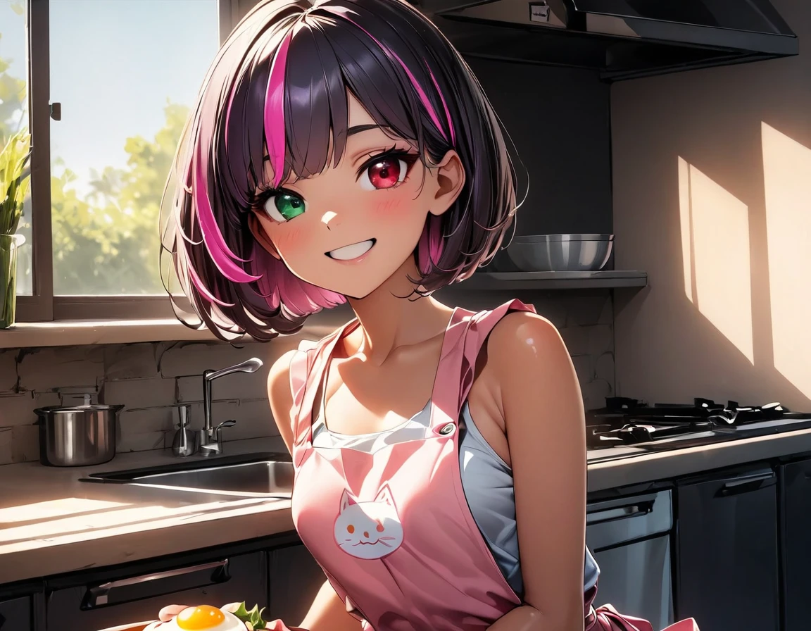 (highest quality:1.2, Very detailed, up to date, Vibrant, Ultra-high resolution, High Contrast, masterpiece:1.2, highest quality, Best aesthetics), Portraiture、girl、20-years-old, slim, , heterrochromia, green eye, red eye, stage、Bright colors、Beautiful fine details、Beautiful lip detail、extra short hair, ((bob cut:1.5))、pink and purple ((streaked hair:1.9)), (highlights hair: 1.6), ((small breast:1.3), (tan skin:0.7), cooking、((making egg benedict:1.5)), (bright kitchen:1.5), big window background, (pink apron, cat design print)、tank top, (happy:2.5), cowboy shot