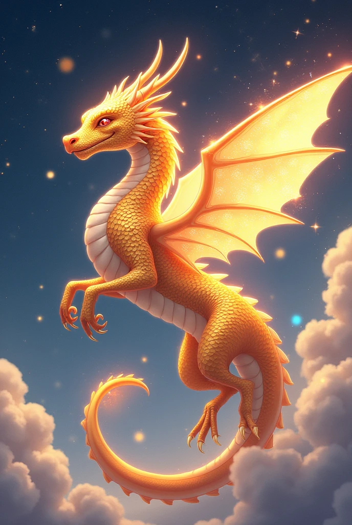 An art version anime dragon, dragon/fairy type, with golden, ancient scales, radiating a celestial glow.