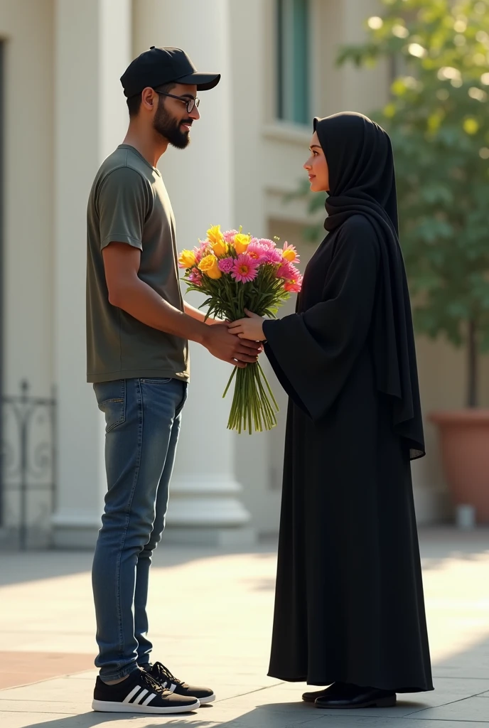 Brazilian man, de 1,72 lean, with jeans and black Adidas sneakers, Eyeglasses, cap , with thin beard, handing flowers to a Saudi woman with a veil covering her face, showing only the eyes and typical Saudi woman's clothing all in black, the woman is taller than the man