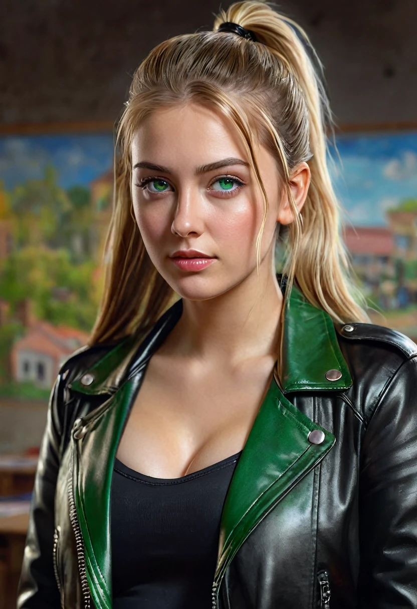 1girl, alone, portrait, long hair, ponytail, blonde hair, green eyes, large bust, (black leather jacket:1.2), cleavage, school, blushing, looking at viewer, (best quality,4k,8k,highres,masterpiece:1.2),ultra-detailed,(realistic,photorealistic,photo-realistic:1.37),oil painting, highly detailed, vibrant colors, dramatic lighting, cinematic