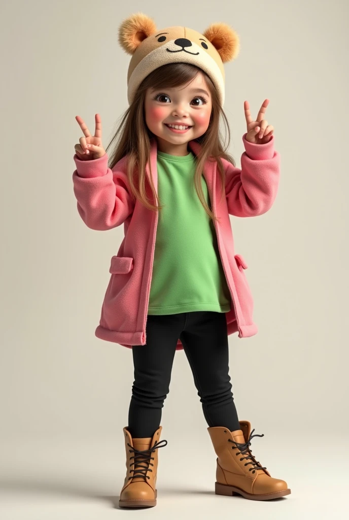   with long brown blond hair wearing green clothes making a cute pose with one hand on the waist and the other making a v wearing black pants pink coat and a hat with bear ears