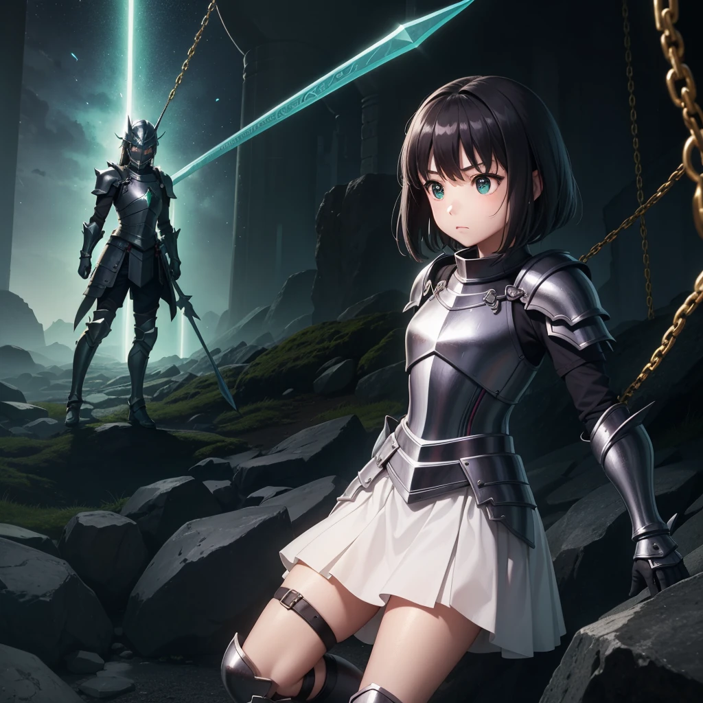 最high quality、high quality、Simple Cloth Armor、10Year-old girl adventurer、Equipped with a weapon that has a short chain at the end of a stick and a spiked iron ball at the end of the chain、In a dark maze、Green armor