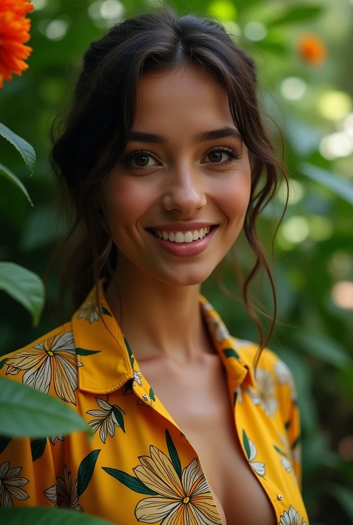 A Brazilian woman in a lush tropical garden, wearing an open shirt with a floral print, with a close-up capturing the harmonious beauty between her breasts and the natural flowers, showing off your natural charm and outgoing personality.