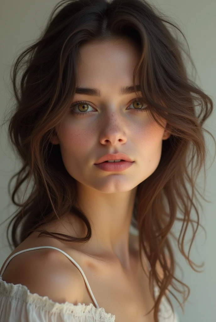 wavy haired woman, eyes browns, rounded nose, Not too meaty mouth.