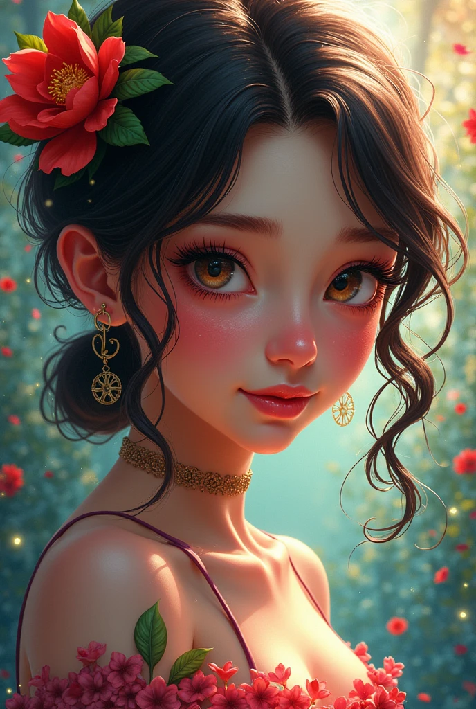 pretty fairy, Enchanting,dark brown hair, dark cartoon eyes