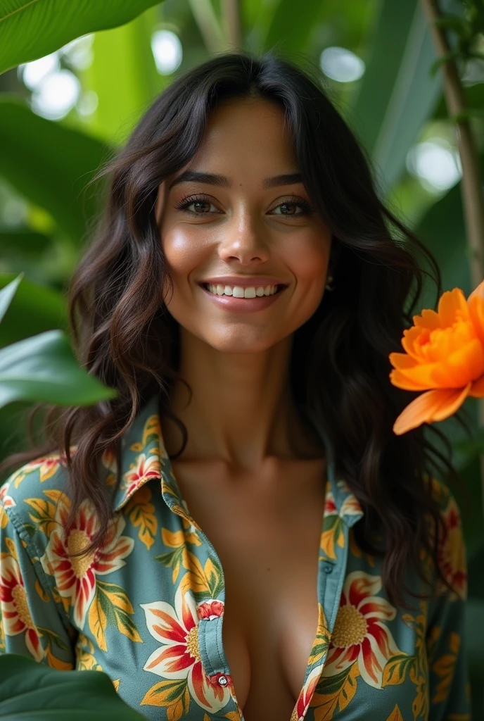 A Brazilian woman in a lush tropical garden, wearing an open shirt with a floral print, with a close-up capturing the harmonious beauty between her breasts and the natural flowers, showing off your natural charm and outgoing personality.