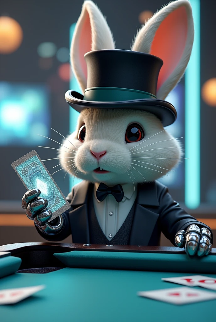 Rabbit with top hat and robotic pool playing cards, ANDROID, Anthropomorphic