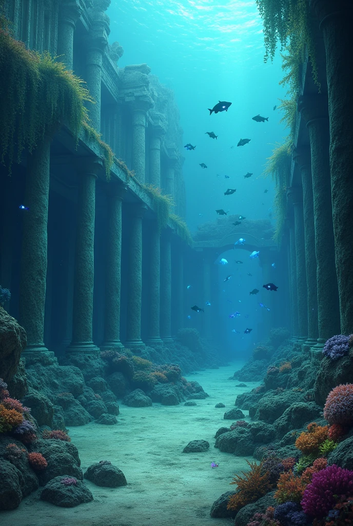 An underwater view of the remains of the city of Atlantis, now covered with corals, of algae and inhabited by sea creatures. Broken statues, collapsed columns, and partially intact buildings emerge from the sand, bathed in a mysterious light filtered by the water.