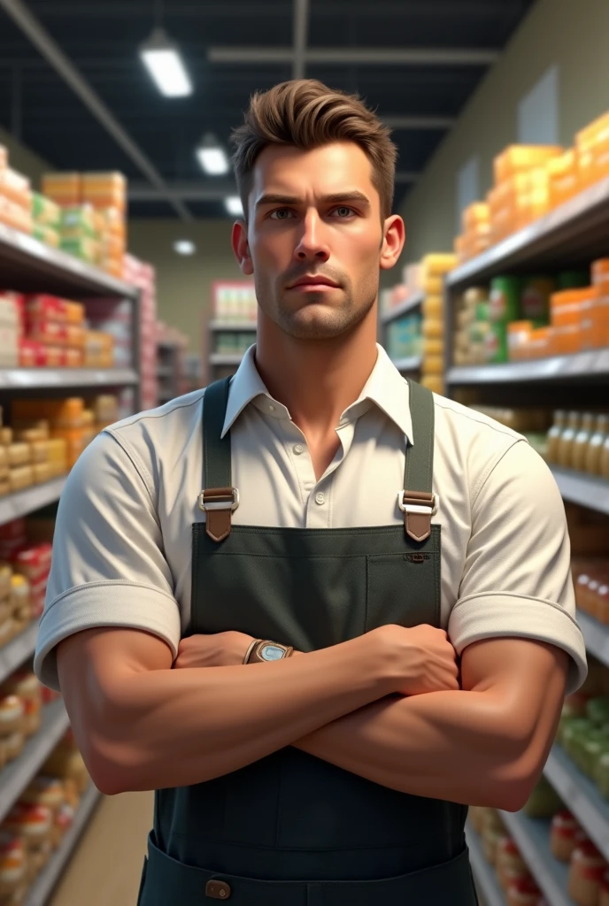 Image of a man with his arms crossed, as if he were a supermarket stocker, skin fair, aside make it as realistic as possible