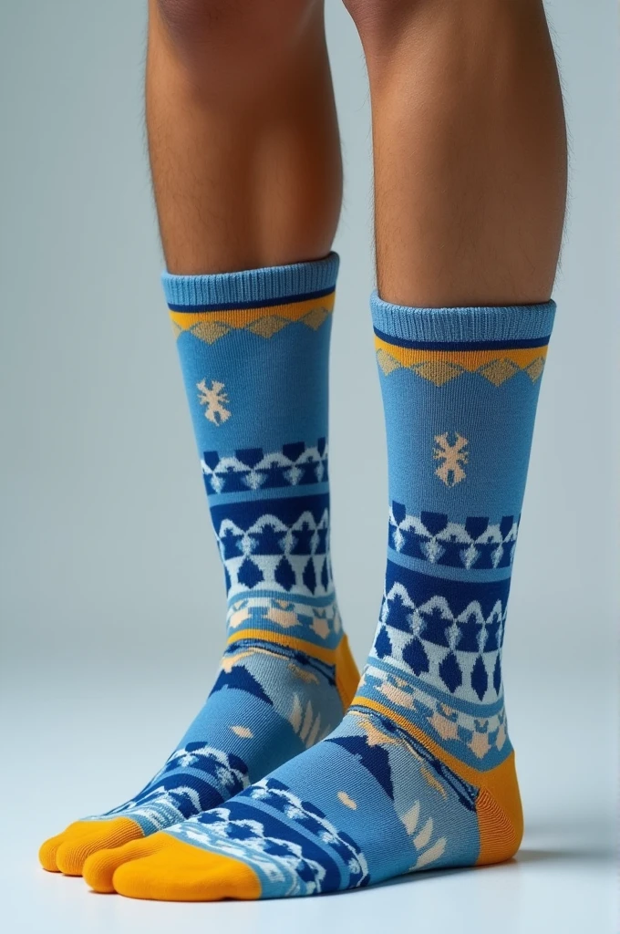 Mid-calf socks with design, in blue colors, yellow ochre and white