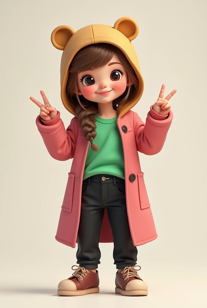  child with long brown blond hair wearing green clothes making a cute pose with one hand on the waist and the other making a v wearing black pants pink coat and a hat with bear ears