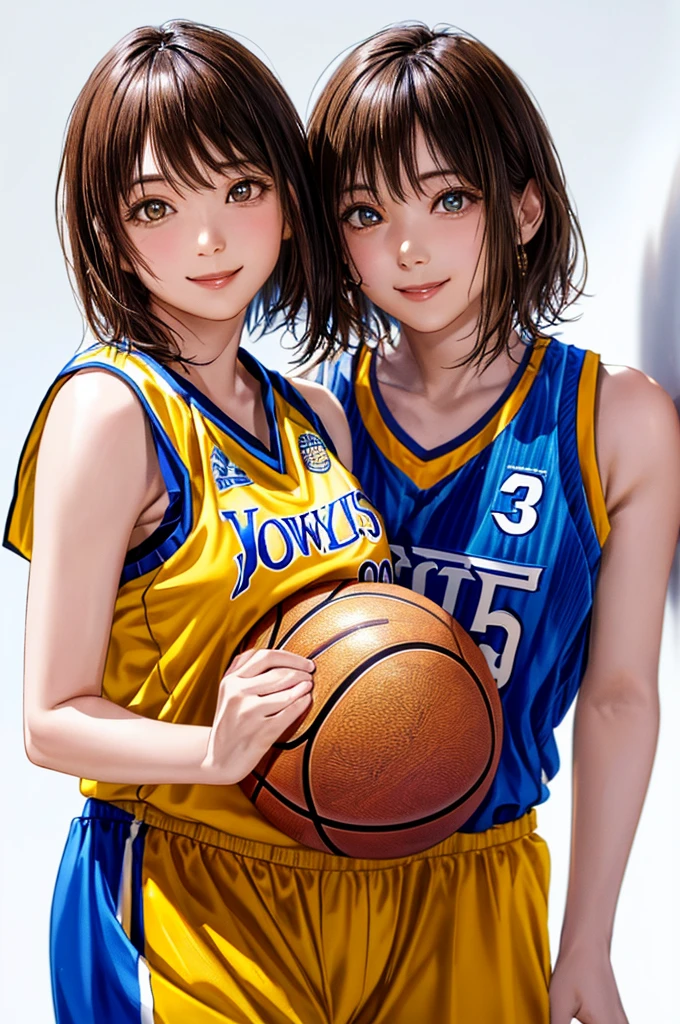 (((Highest quality、8k、32K、masterpiece)))、(Realistic)、(Photorealistic:1.2)、(High resolution)、Very detailed、Very beautiful face and eyes、1 person、Round and small face、Narrow waist、Delicate body、(close、Highest quality、Attention to detail、Rich skin detail)、(Highest quality、8k、Oil paints:1.2)、Very detailed、(Realistic、Realistic:1.37)、Bright colors、(((Brown Hair)))、(((Cowboy Shot)))、(((short hair)))、(((Pure white wall background)))、(((Wearing a basketball uniform)))、(((Blue and yellow basketball outfit)))、(((smile)))、(((One female)))、(((Tank top style uniform)))